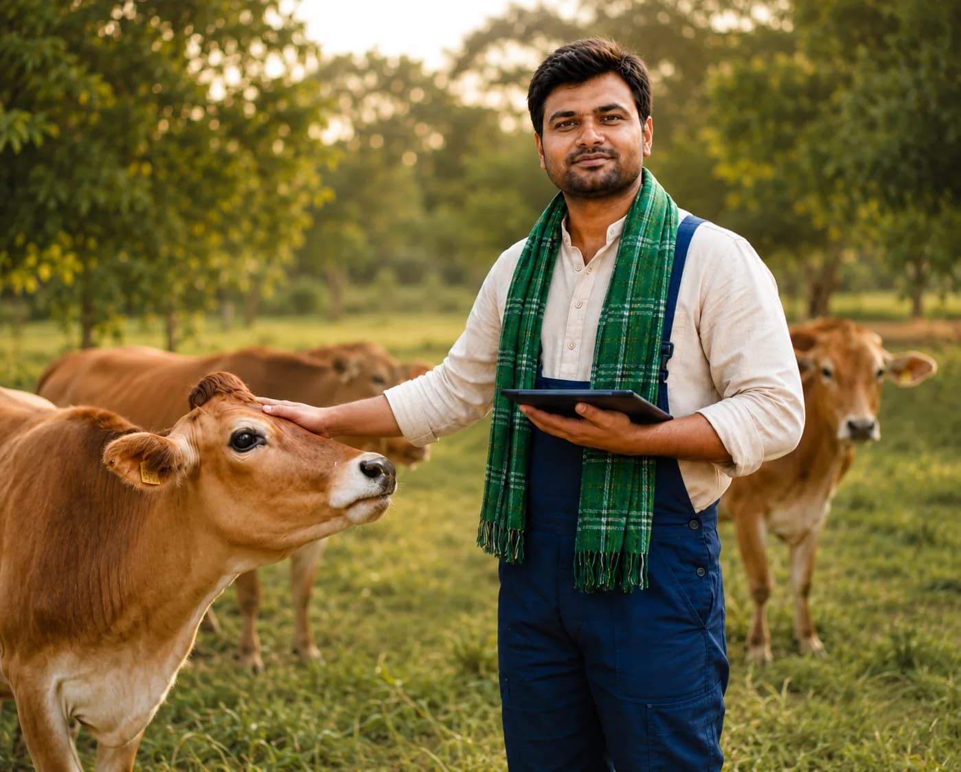 A dairy farmer with cattle in the field